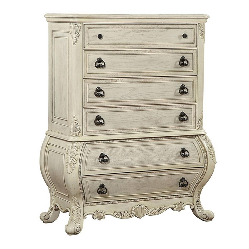 Benjara Six Drawer Wooden Chest With Scrolled Feet- Antique White