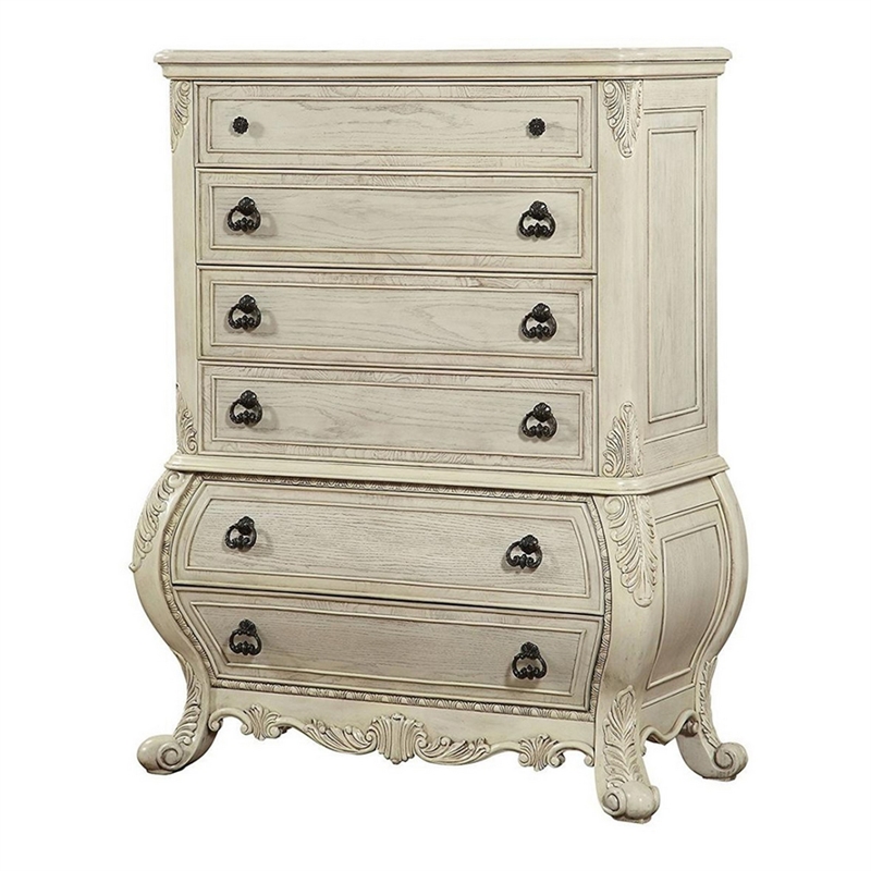 Benjara Six Drawer Wooden Chest With Scrolled Feet- Antique White