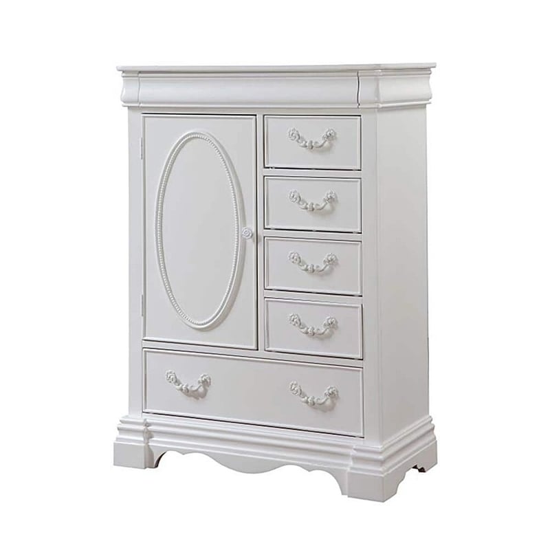 Benjara Six Drawer And One Door Shelf Chest With Scalloped Feet- White
