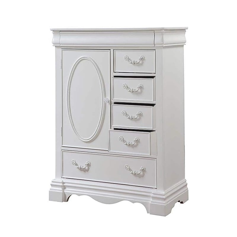Benjara Six Drawer And One Door Shelf Chest With Scalloped Feet- White