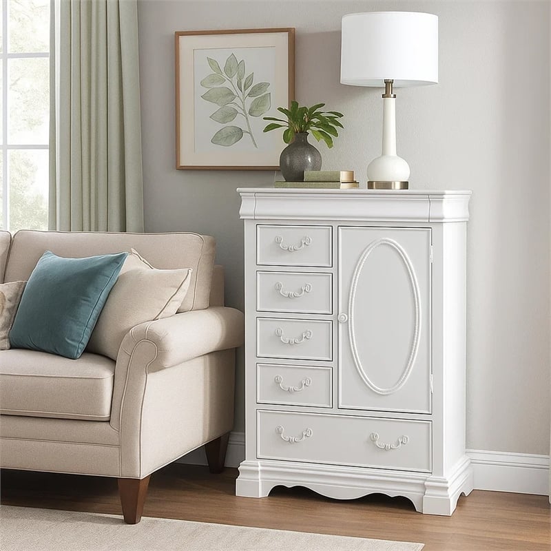 Benjara Six Drawer And One Door Shelf Chest With Scalloped Feet- White