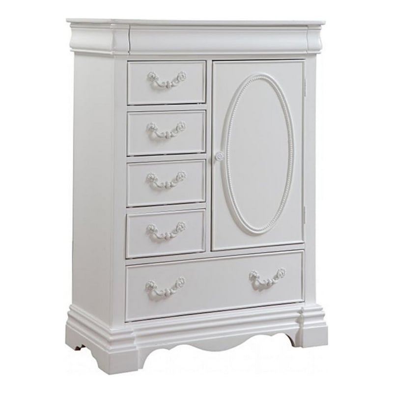 Benjara Six Drawer And One Door Shelf Chest With Scalloped Feet- White
