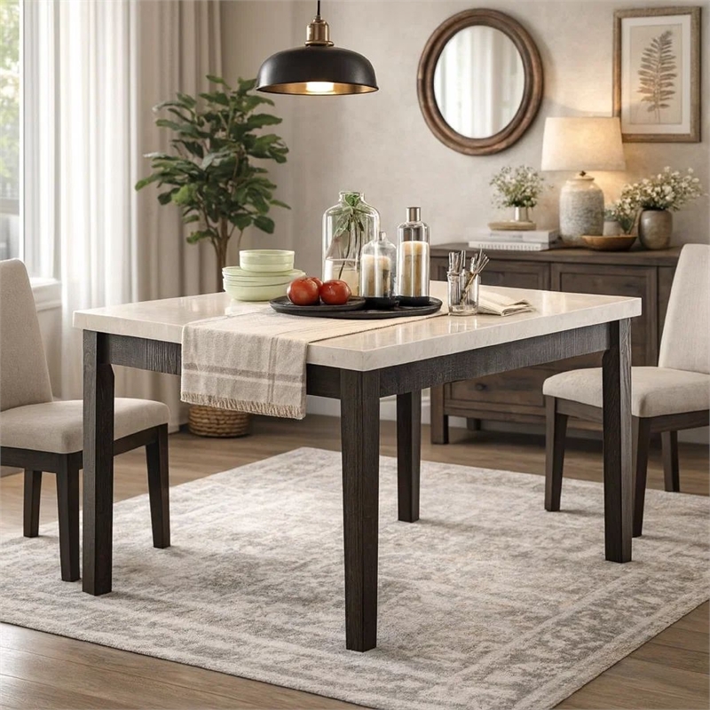 Benjara Wooden Counter Height Table With Marble Top- White and Black