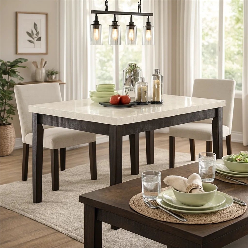 Benjara Wooden Counter Height Table With Marble Top- White and Black