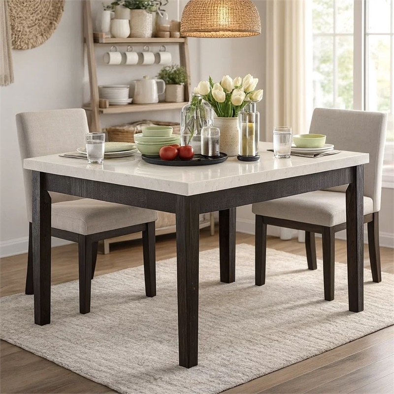 Benjara Wooden Counter Height Table With Marble Top- White and Black