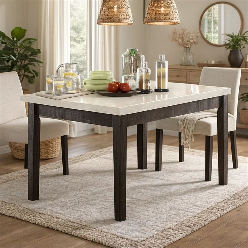 Benjara Wooden Counter Height Table With Marble Top- White and Black