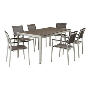 Benjara Aluminum 7 piece Modern Outdoor Dining Set In White/Gray