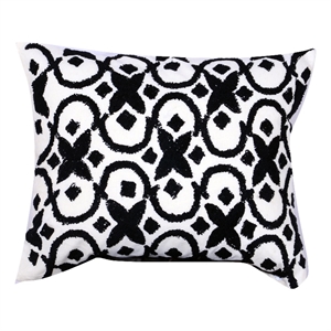 Benjara 20 x 16&quot Cotton Pillow with Geometric Embroidery- White and Black