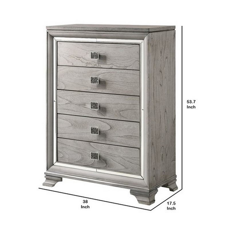 Benjara 5 Drawers Wooden Frame Chest with Square Crystal Knobs- Gray and Silver