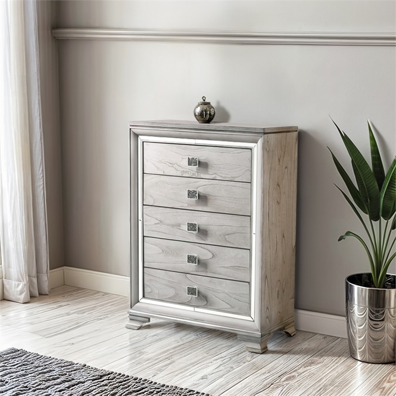 Benjara 5 Drawers Wooden Frame Chest with Square Crystal Knobs- Gray and Silver