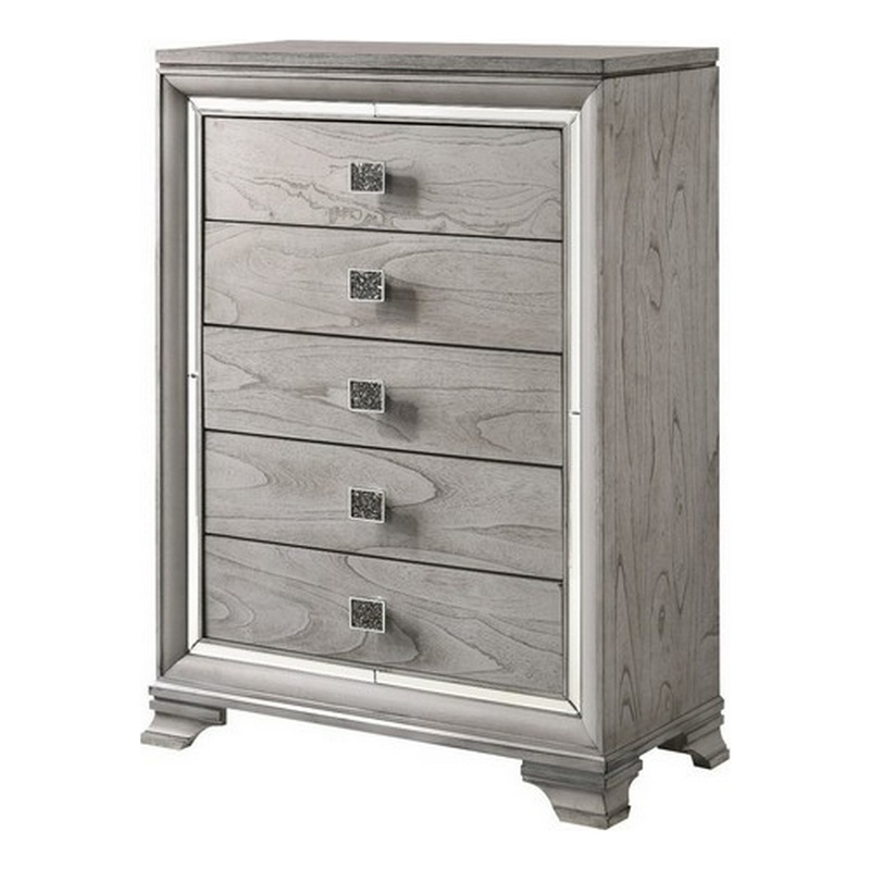 Benjara 5 Drawers Wooden Frame Chest with Square Crystal Knobs- Gray and Silver