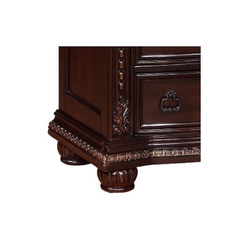 Benjara Sany 5 Drawers Wooden Chest w/ Engraved Details & Bun Feet- Cherry Brown