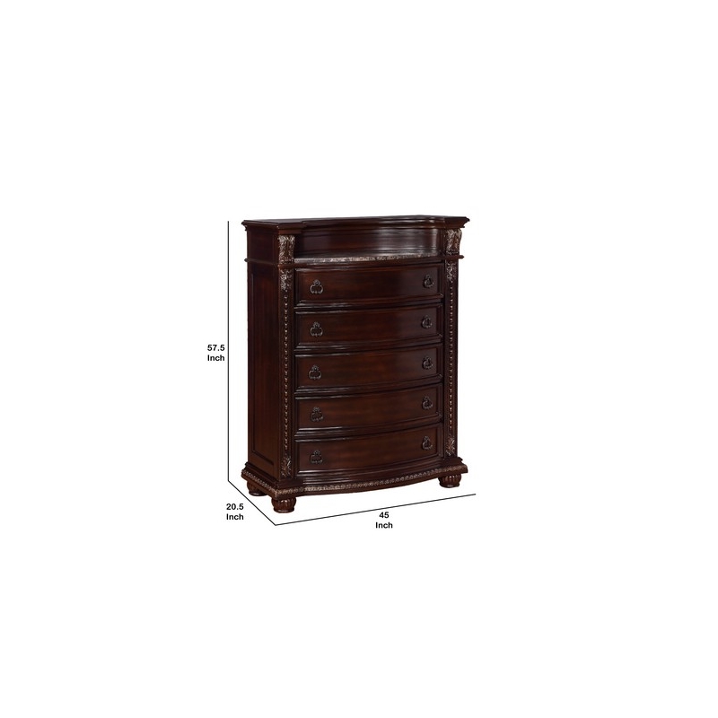 Benjara Sany 5 Drawers Wooden Chest w/ Engraved Details & Bun Feet- Cherry Brown