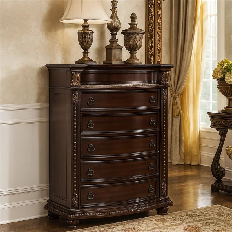 Benjara Sany 5 Drawers Wooden Chest w/ Engraved Details & Bun Feet- Cherry Brown