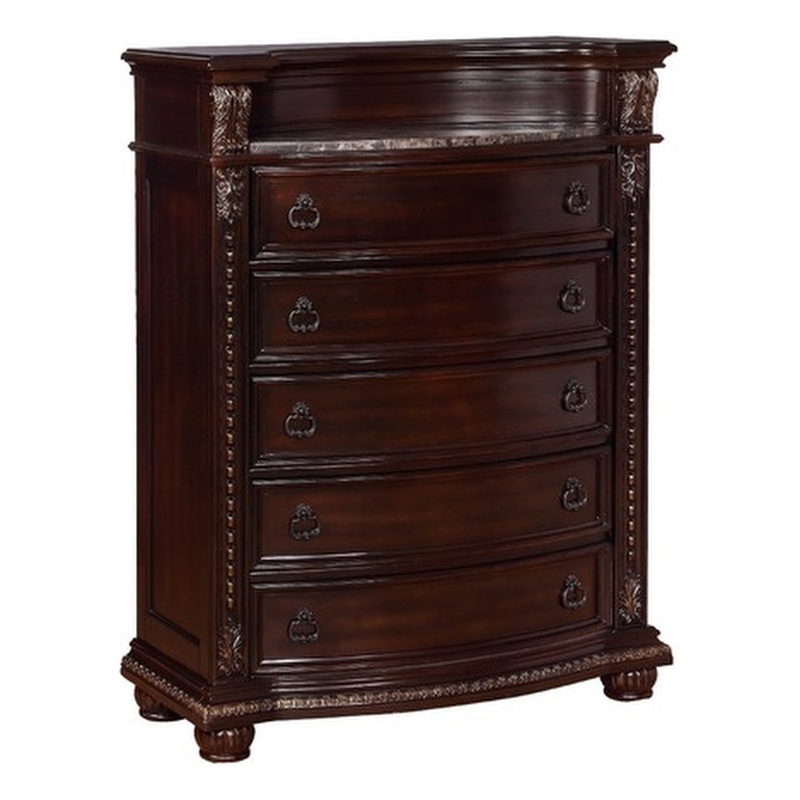Benjara Sany 5 Drawers Wooden Chest w/ Engraved Details & Bun Feet- Cherry Brown