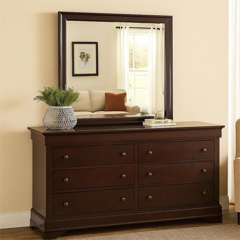 Benjara Square Molded Wooden Frame Dresser Mirror- Cherry Brown and Silver