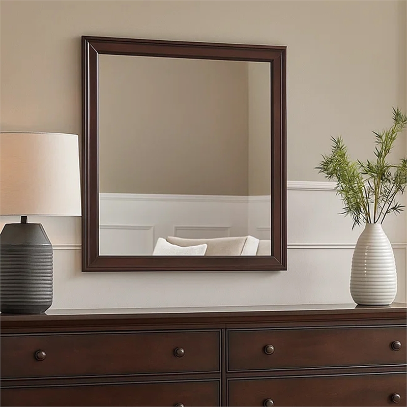 Benjara Square Molded Wooden Frame Dresser Mirror- Cherry Brown and Silver