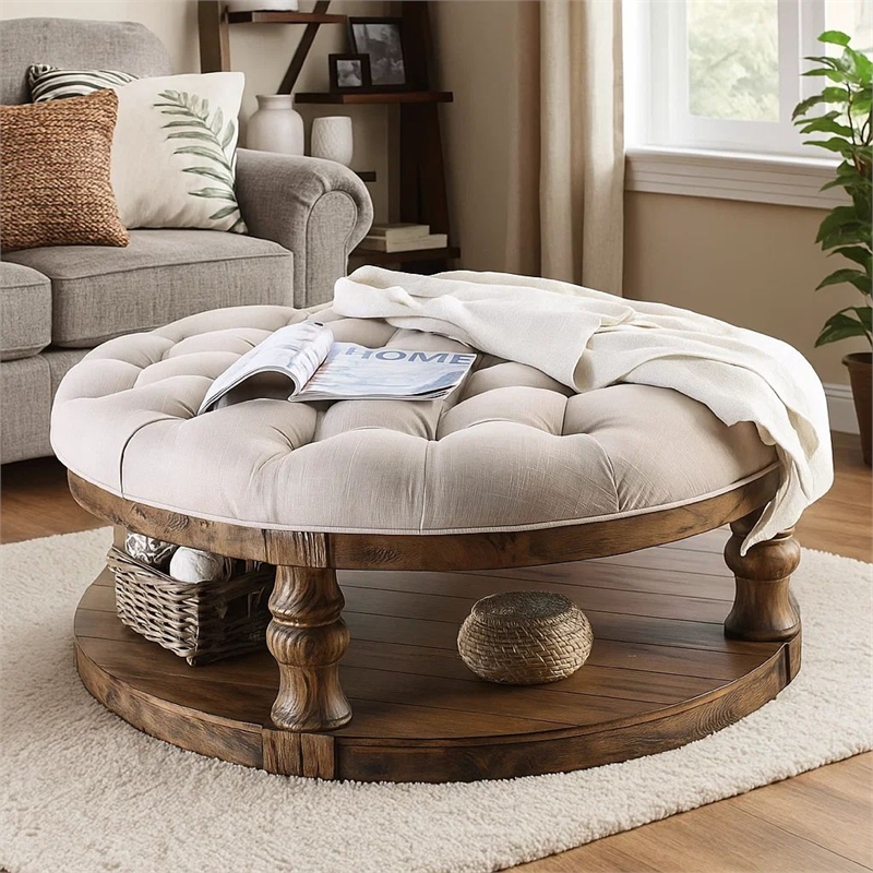 Benjara Cushioned Top Wooden Coffee Table with Bottom Shelf- Brown and Beige
