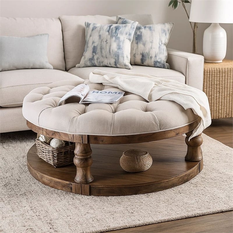 Benjara Cushioned Top Wooden Coffee Table with Bottom Shelf- Brown and Beige