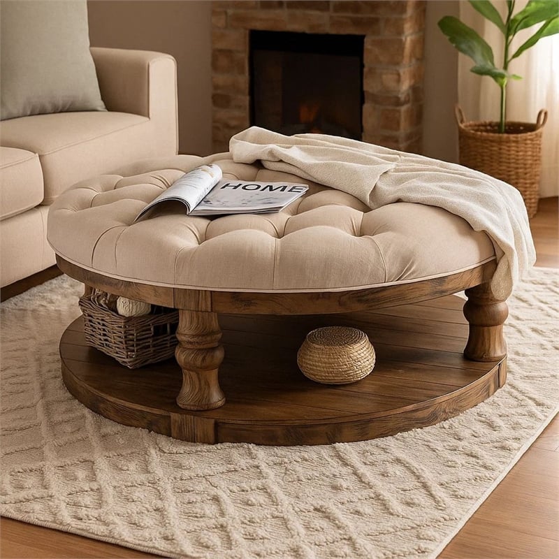 Benjara Cushioned Top Wooden Coffee Table with Bottom Shelf- Brown and Beige