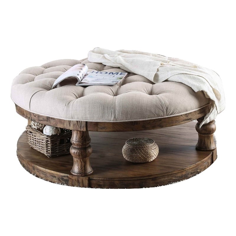 Benjara Cushioned Top Wooden Coffee Table with Bottom Shelf- Brown and Beige