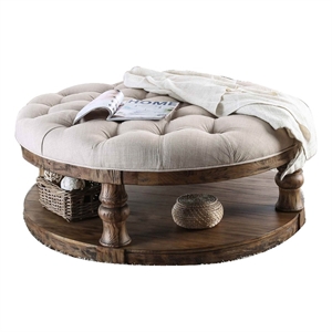 Benjara Cushioned Top Wooden Coffee Table with Bottom Shelf- Brown and Beige