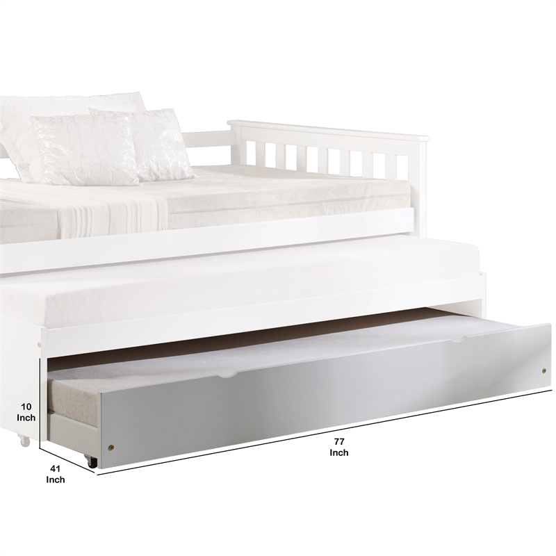 Benjara Mission Style Wooden Twin Size Daybed Trundle with Caster Wheels- White