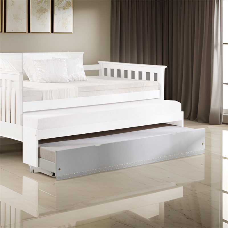 Benjara Mission Style Wooden Twin Size Daybed Trundle with Caster Wheels- White