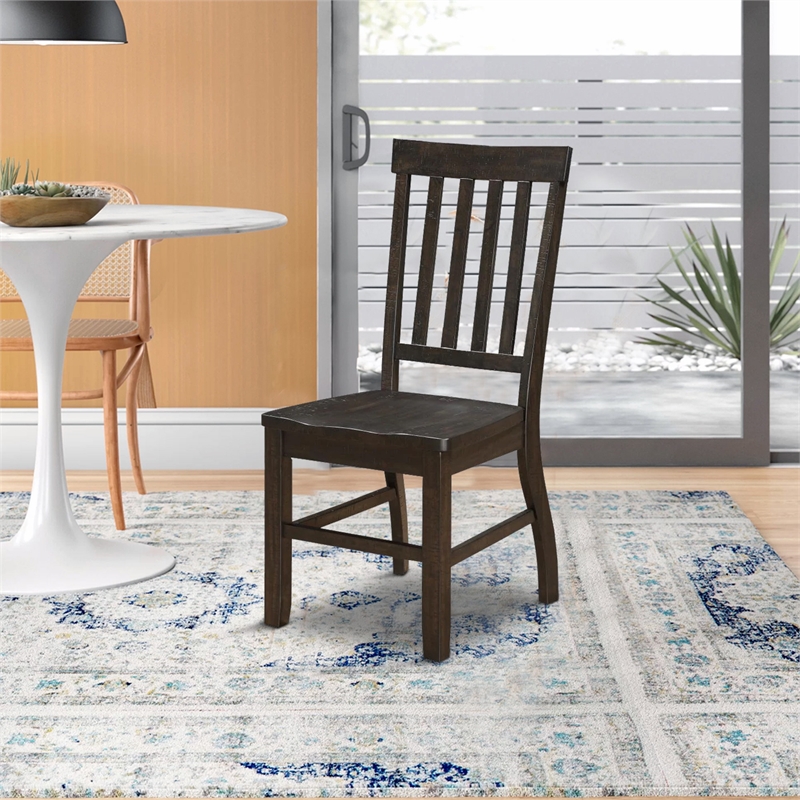 Benjara Wooden Dining Side Chairs with Slated Style Back- Set of Two- Brown