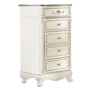 Benjara 5 Drawer Chest with Floral Motif Carving Details- Antique White & Brown