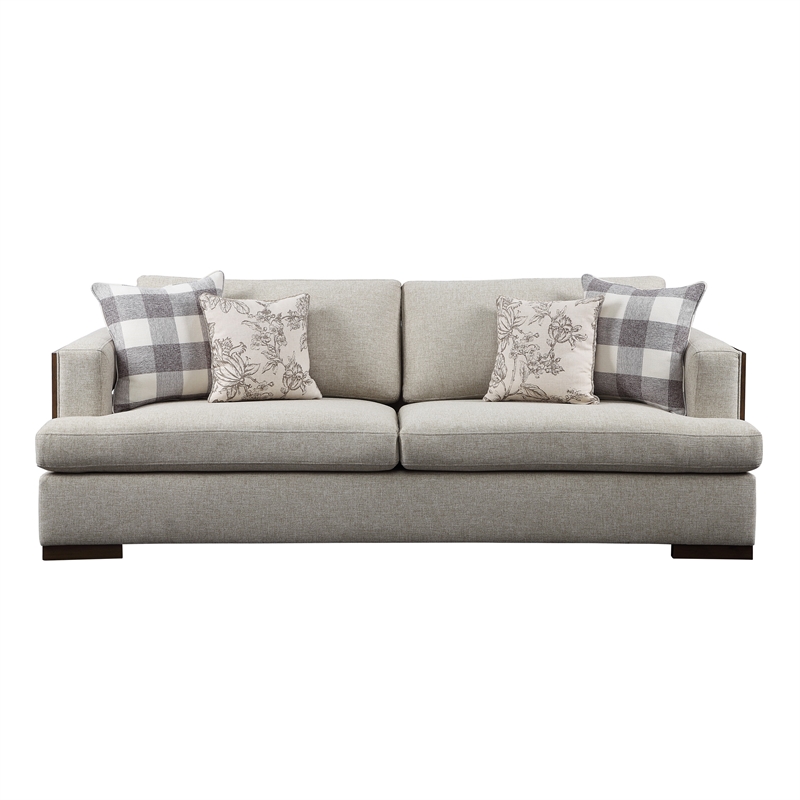 Benjara Wooden Sofa with 4 Accent Pillows and Wide Block Legs- Beige