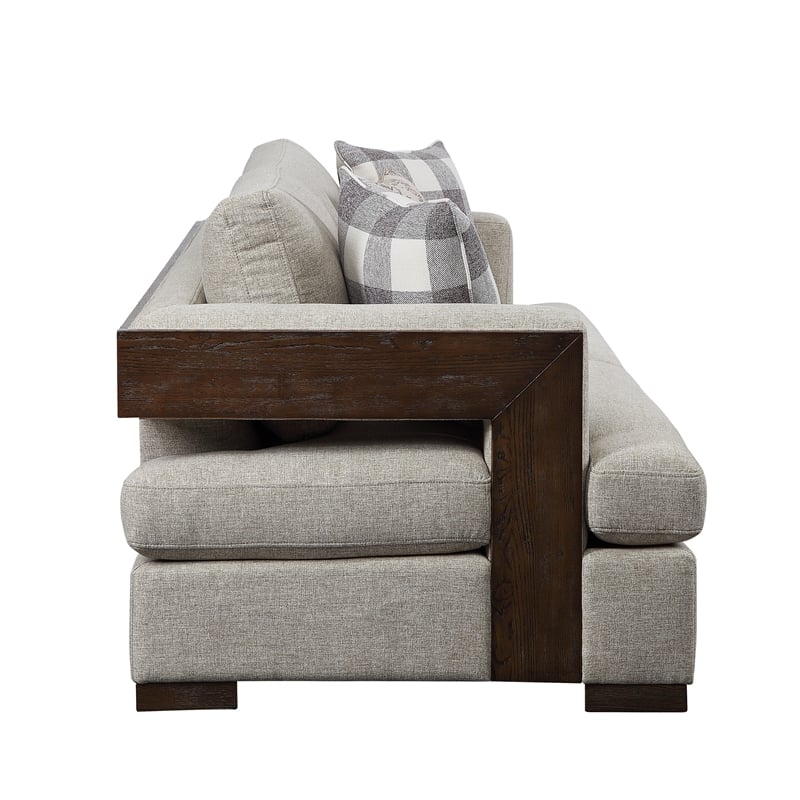 Benjara Wooden Sofa with 4 Accent Pillows and Wide Block Legs- Beige