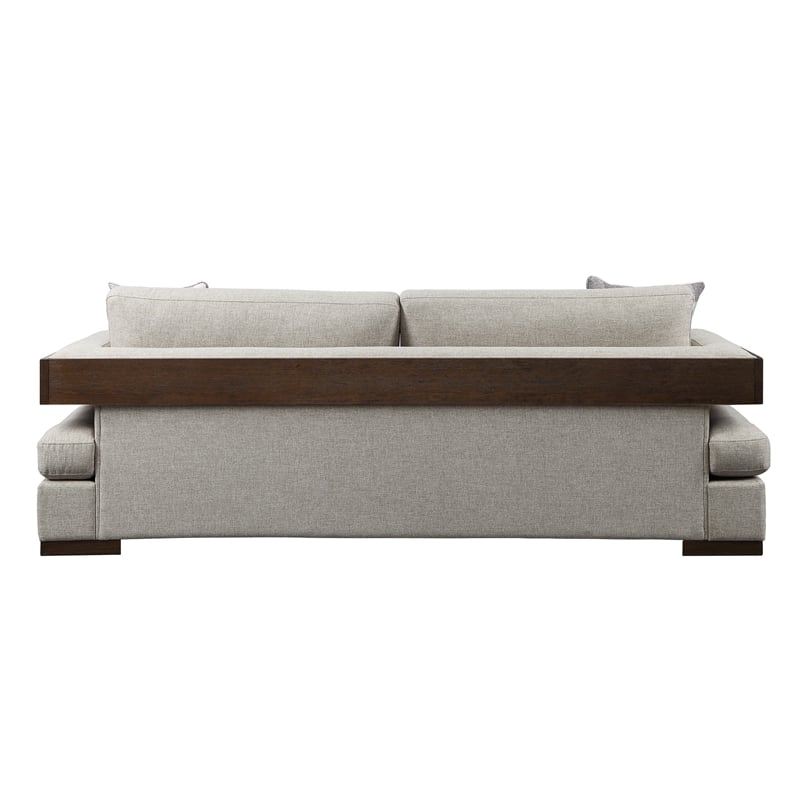 Benjara Wooden Sofa with 4 Accent Pillows and Wide Block Legs- Beige