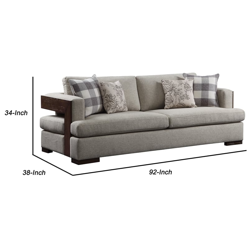 Benjara Wooden Sofa with 4 Accent Pillows and Wide Block Legs- Beige