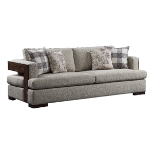 Benjara Wooden Sofa with 4 Accent Pillows and Wide Block Legs- Beige