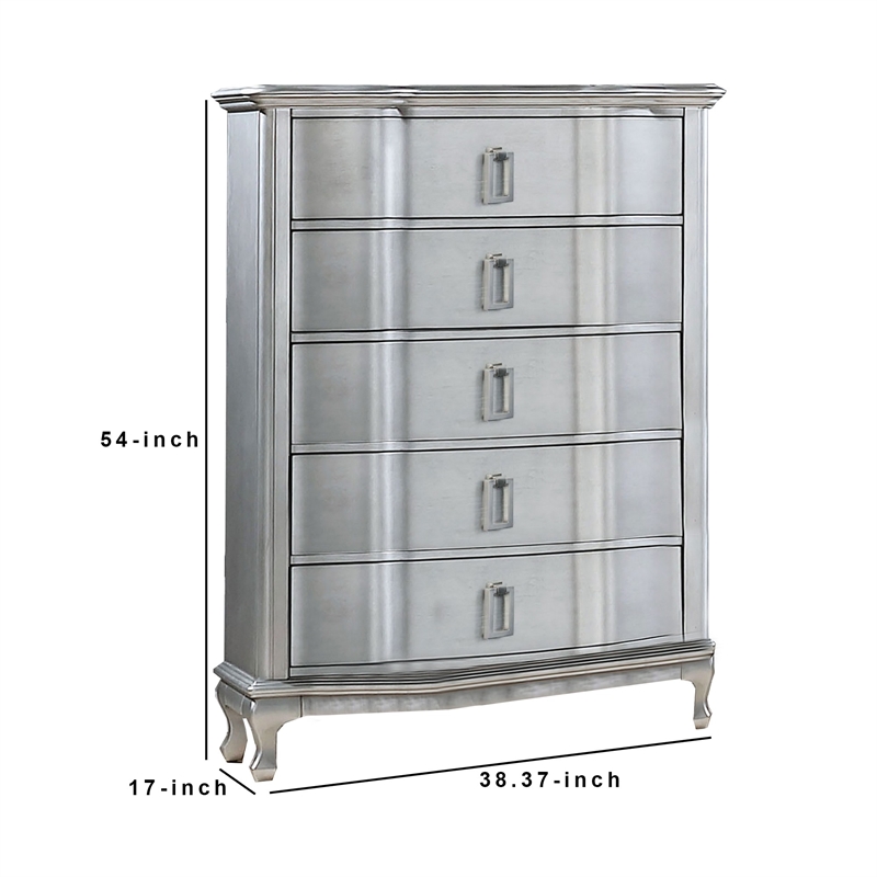 Benjara Contemporary 5 Drawer Wooden Chest with Rectangle Knobs- Silver