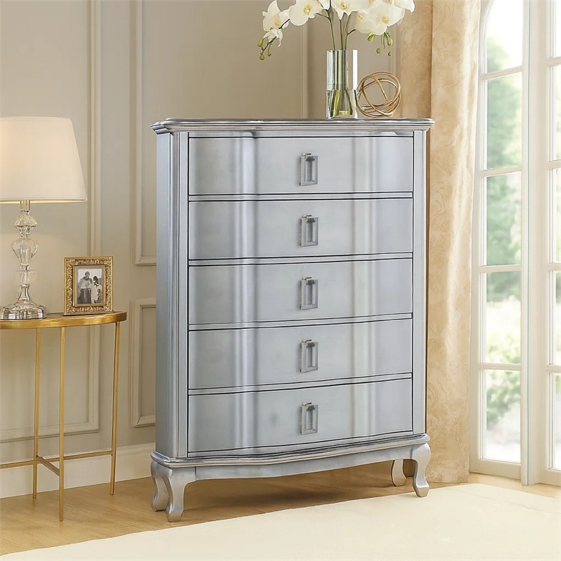 Benjara Contemporary 5 Drawer Wooden Chest with Rectangle Knobs- Silver