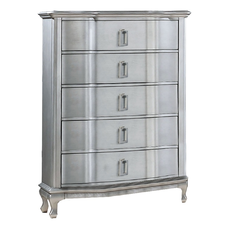 Benjara Contemporary 5 Drawer Wooden Chest with Rectangle Knobs- Silver
