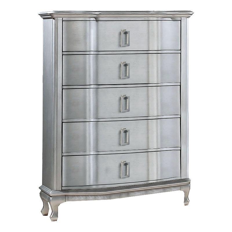 Benjara Contemporary 5 Drawer Wooden Chest with Rectangle Knobs- Silver