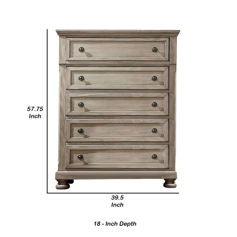 Benjara Transitional Wooden 5 Drawer Chest with Round Knob and Bun Feet- Brown