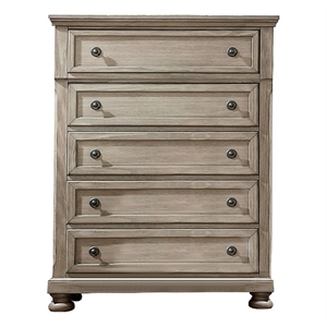 Benjara Transitional Wooden 5 Drawer Chest with Round Knob and Bun Feet- Brown