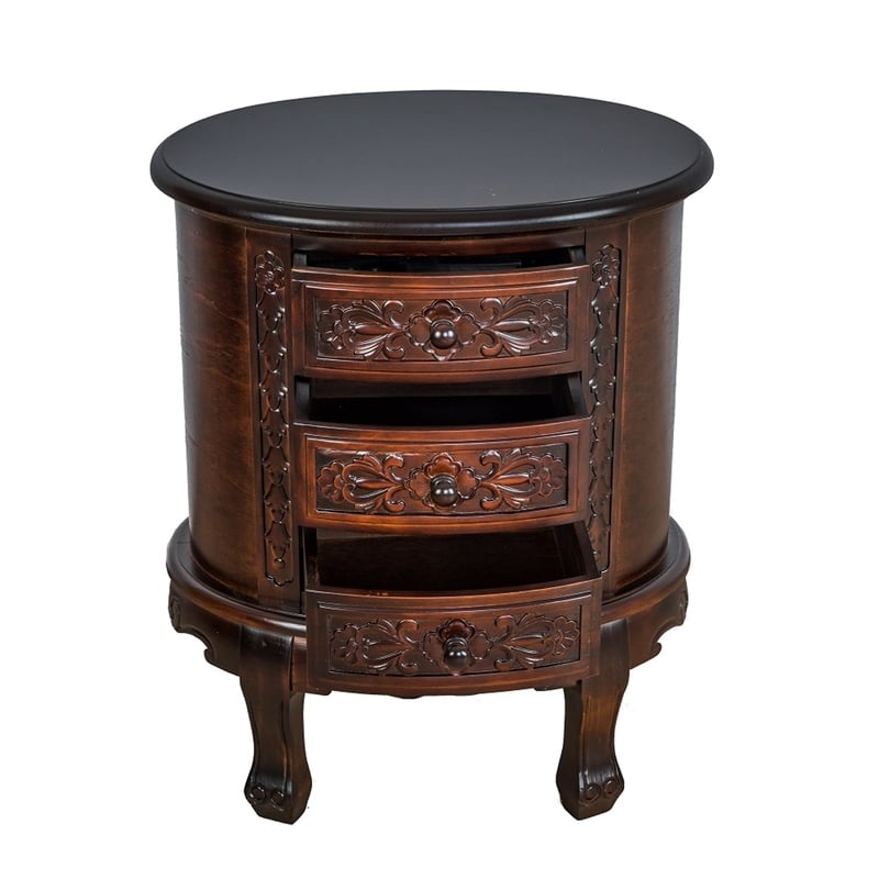 Benjara Wooden Chest with 3 Drawer and Scrolled Details- Dark Brown
