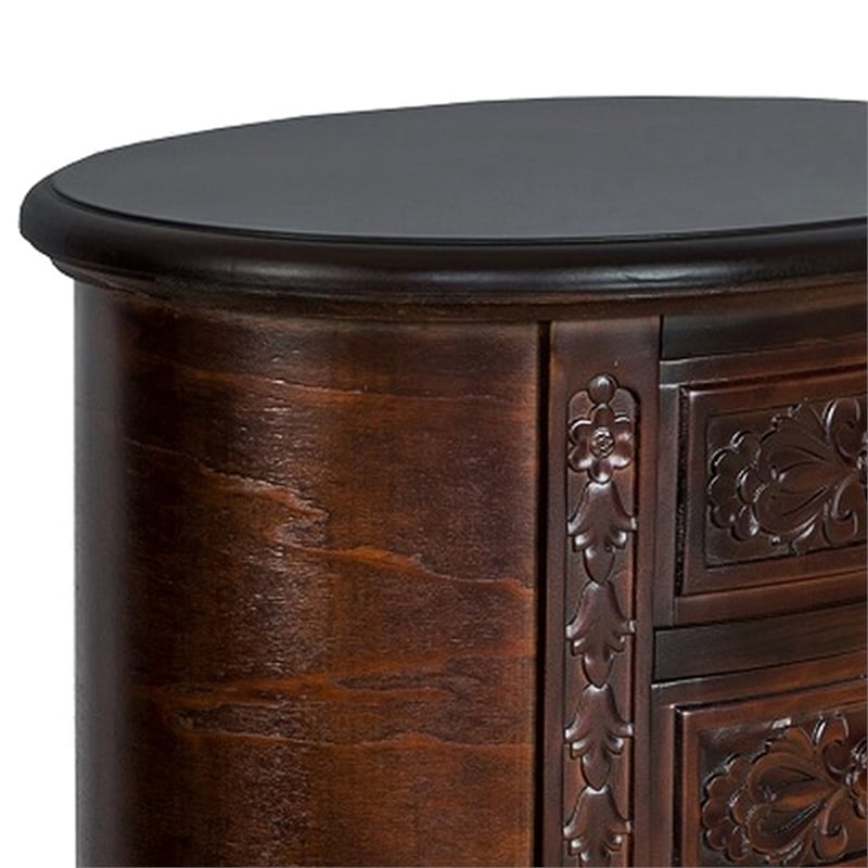 Benjara Wooden Chest with 3 Drawer and Scrolled Details- Dark Brown
