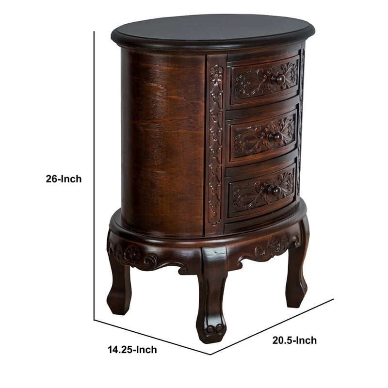 Benjara Wooden Chest with 3 Drawer and Scrolled Details- Dark Brown