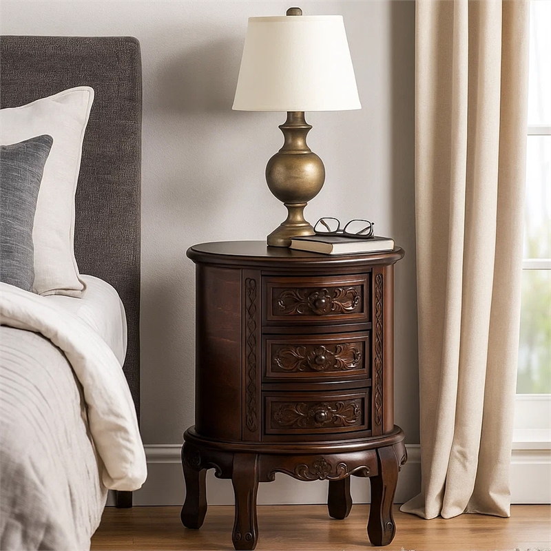 Benjara Wooden Chest with 3 Drawer and Scrolled Details- Dark Brown