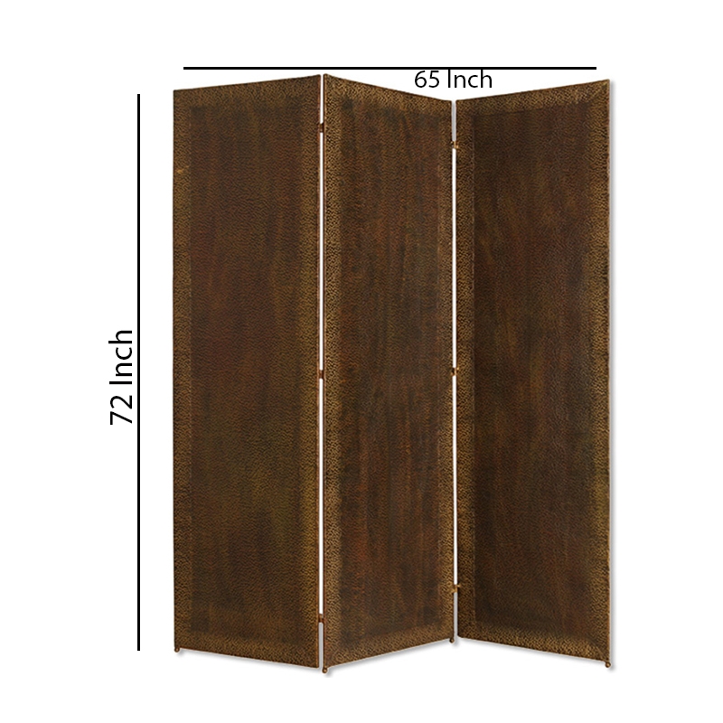 Benjara Metal 3 Panel Screen with Textured Nub Head Accent Borders- Brown