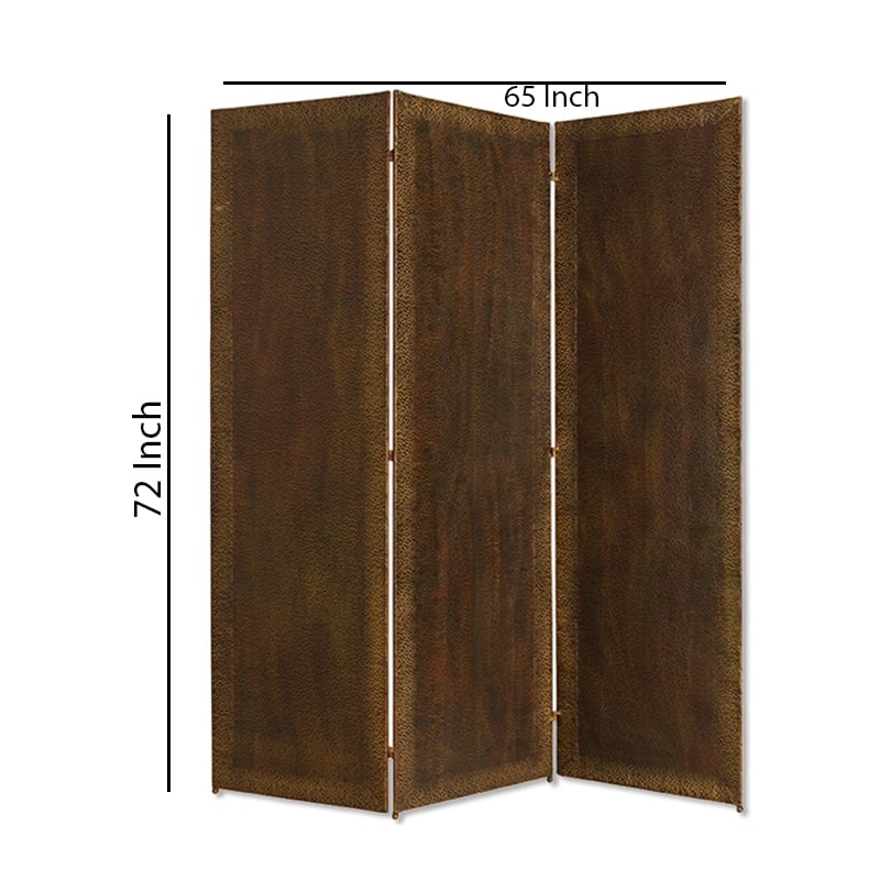 Benjara Metal 3 Panel Screen with Textured Nub Head Accent Borders- Brown