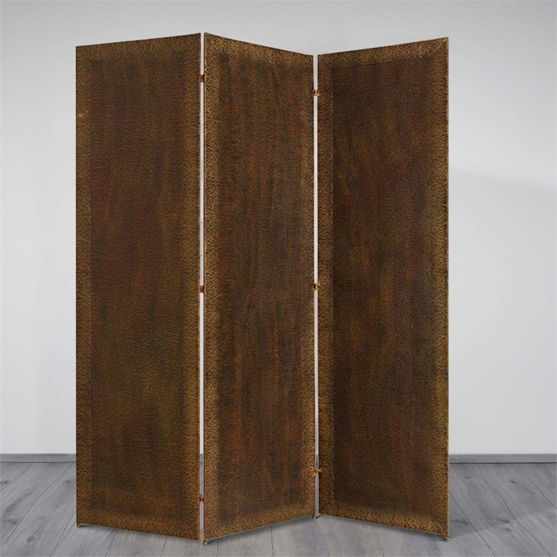 Benjara Metal 3 Panel Screen with Textured Nub Head Accent Borders- Brown