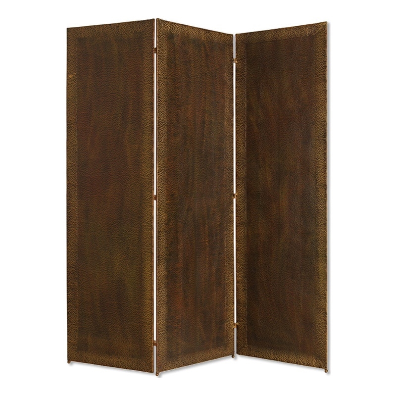 Benjara Metal 3 Panel Screen with Textured Nub Head Accent Borders- Brown