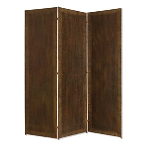 Benjara Metal 3 Panel Screen with Textured Nub Head Accent Borders- Brown
